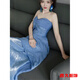 Meianjia new Chinese dressing gown female bride engagement dress toast dress niche light wedding dress banquet tube top dress blue dress M 165