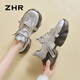 
ZHR dad shoes for women lightweight thick sole heightened casual shoes versatile trendy round-toe women's shoes G677 gray 37