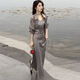 Question floating black suit for women summer fashion two-piece temperament fashionable skirt 2024 summer new temperament sunscreen J683 gray XL [suggested 115130Jin [Jin equals 0.5 kg]]