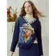 Two or three things about Van Gogh's literary and artistic light years and shadows 2025 winter new oil painting pattern tassel asymmetric hem sweater for women dark blue S