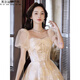 Ayub French evening dress for women, champagne color, high-end light luxury niche fairy light veil host vocal art exam M suggests 90-100 Jin [Jin equals 0.5 kg]