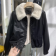 Pier Cardin kleiner großer Pelzkragen kurzer Top plus Velvet Lederjacke für Frauen europäische dicke Jacke 2025 Herbst- und Winterstil Schwarz + Pelzkragen abnehmbar plus Samt M Empfohlen 95-105Jin [Jin entspricht 0,5 kg]