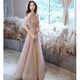 ACJK champagne color beautiful evening dress female banquet temperament annual meeting host dress super fairy halter neck adult ceremony princess dress champagne pink long style XS