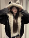 Xiaohongshu's hot style American mountain sculpture cat ears hooded fur collar cotton coat for women in winter with a loose design, black (with rabbit ears, thickening, ready for delivery on the same day) S one size fits all