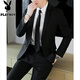 Playboy suit men's casual Korean style business professional formal three-piece suit slim fit wedding groomsmen and groom suit jacket black two-button suit + tie 2XL