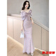 Tilotina French elegant fishtail host dress light luxury niche high-end banquet elegant lady evening dress light purple dress M (recommended to wear around 99-108)