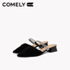 康莉（COMELY）羊皮包头拖鞋女25年夏季粗跟法式两穿凉拖尖头穆勒鞋 黑色 38