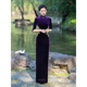 Timochi catwalk long cheongsam to ankle performance costume gold velvet 2024 high-end elegant and elegant banquet etiquette body suit purple three-quarter sleeves 3XL