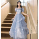 Yingwen blue evening dress 2024 new banquet style French student art exam niche host tutu skirt for women blue long L recommended 100-110 Jin Jin equals 0.5 kg