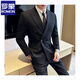 ROMON high-end double-breasted suit men's Korean version slim-fit groom's wedding dress sense business casual suit jacket black suit XL
