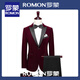 ROMON Burgundy Gold Velvet Suit Men's Stage Host Banquet Groom Velvet Evening Dress Suit Jacket Men's Red Lapel Collar (Velvet) Suit + Pants 2XL