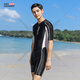 Chuangjingyi chooses one-piece men's swimsuit for junior high school students and teenagers plus size and fat children training long-sleeved long pants shallow water suit navy blue one-piece long sleeves + swimming cap 4XL