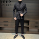 Jeep (JEEP) men's suit suit wedding high-end wedding groom slim fit lapel double-breasted casual small suit jacket black single suit M recommended 110Jin Jin is equal to within 0.5 kg