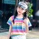 Camiseta de manga corta de Pitt Pitt Girls 2025 Summer NUEVO TENTRO T CHIRES COREANO Top de rayas sueltas Medianas grandes para niños grandes 3505 Rainbow Stripe + 9922 White 150 cm