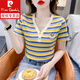 Pierre Cardin Color Striped V-Ausschnitt T-Shirt für Frauen kurzärmelig 2024 Sommer neues schlankes Hemd modische und vielseitige altersreduzierende obere orangefarbene Farbstreifen [6628%23] M 90-100jin [Jin gleich 0,5 kg]