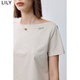 LILY summer new fashion basic one-line collar urban commuting casual versatile T-shirt fit solid color short sleeves 702 light rice casino S