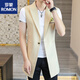 ROMON autumn new vest men's mid-length suit collar windbreaker fashionable Korean version slim sleeveless vest handsome cloak black 701 vest mid-length 3XL
