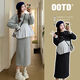 Aya Tingying's new autumn maternity suit Korean style loose large size versatile fake two-piece splicing striped top maternity two-piece set 1002 gray top + skirt suit XL 120-140Jin Jin equals 0.5 kg