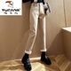 Woodpecker (TUCANO) plus velvet jeans for women wearing winter 2025 new straight wide-leg khaki cotton pants thickened cigarette pants for women khaki one buckle [plug plus velvet thickened] 13588 27 (96 to 105 Jin [Jin equals 0.5 kg])
