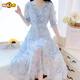 First-Pad French Tea Break V-Ausschnitt Schönes Blumenchiffon-Kleid für Frauen Sommer 2025 Neue Temperament Taille-Hugging Fairy Long Rock Green 736# [Versionskleid] XL [Empfohlen 120-135jin [Jin gleich 0,5 kg]]]