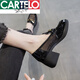 卡帝乐鳄鱼（CARTELO）真皮网面凉鞋女粗跟厚底2025年夏季镂空单鞋小皮鞋透气中跟乐福鞋 黑色升级版 37