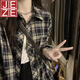 JEZE【棉质材质】韩版藏青色格子衬衫设计感长袖上衣女开衫春薄款宽松 宝蓝色16799-高品质格纹【z】 M