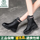 Woodpecker True Soft Leather Martin Boots Women's Autumn Single Fleece Boots 2025 British Style Plus Fleece Thick Sole Medium Heel Boots Women's Snow Boots Black Plus Fleece 37