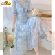 First-Pad French Tea Break V-Ausschnitt Schönes Blumenchiffon-Kleid für Frauen Sommer 2025 Neue Temperament Taille-Hugging Fairy Long Rock Green 736# [Versionskleid] XL [Empfohlen 120-135jin [Jin gleich 0,5 kg]]]