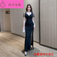 Njtd neuer sexy flüssiges Feld langer Rockbad Sauna Techniker Temperament Abendkleid Lange Bar Arbeit Kleidung b3883 schwarz m