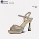 Specht Fischschnabel Sandalen für Frauen Strass-Modeschuhe wasserdichte Plattform 2025 Sommer Neuer Klicker Open-toed High Heels Medium Absatz Silber verbessert Version 34 Standard Code