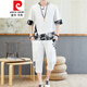 Pierre Cardin Chinesischer Stil Männer Tang Anzug Sommer Hanfu kurzärmeligte T-Shirt Retro-Stil Lose lässige große Kleidung Schwarz 687 Set Top + Hosen 2 Teile m