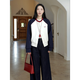 郭九九呢 复古撞色绣花插肩袖棉服毛呢外套弯刀牛仔裤 G924T17152 外套-藏青拼咖 XL