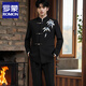 ROMON New Chinese tunic suit groom wedding suit toasting suit retro Tang suit Chinese style jacket black three-piece suit jacket + pants + white shirt L