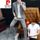 Pierre cardin summer thin 7-quarter sleeve suit men's suit plaid casual Korean style slim trendy handsome mid-sleeved small suit gray 9902 mid-sleeved + nine-quarter trousers = 1 set 3XL 185