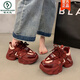Woodpecker red thick-soled dad shoes for women 2025 new autumn year of festive versatile height-enhancing casual sneakers white 9906M plus velvet 36