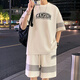 Boys Summer Short Sleeve Two-Piece Fat Boys 13-16 Years Old Loose Sports Set 14 Children's Clothes FKS653 Khaki Set 170 (XL) 125-150Jin [Jin equals 0.5 kg]