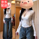 Qingbilin Pure Desire Sexy V-neck Lace Bottoming Top for Women Spring 2025 New Unique and Chic Hot Girl Bell Long-Sleeved Top V-Neck Bell Sleeve Bottoming Top White L (Recommended 80-110Jin Jin is equal to 0.5kg) Does not include breast pads