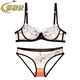 Qiaobei French sexy embroidered underwear bra set women's bra lace mesh transparent bra skin color pure desire 28000 black 32A=70A