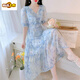 First-Pad French Tea Break V-Ausschnitt Schönes Blumenchiffon-Kleid für Frauen Sommer 2025 Neue Temperament Taille-Hugging Fairy Long Rock Green 736# [Versionskleid] XL [Empfohlen 120-135jin [Jin gleich 0,5 kg]]]