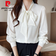 Шелковая рубашка Pierre Cardin Hangzhou, женская весенняя рубашка с длинными рукавами, новая рубашка с французским бантом, шелковый топ против морщин, белый 9276 2XL 125-135Jin Jin равен 0,5 кг