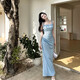 Now Pauline European and American blue dress women's sparkling long skirt annual party dinner birthday dress blue M