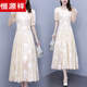 Hengyuanxiang Chiffon-Kleid für Frauen Sommer 2025 Neues kurzärmelige Taille und Abschleiftemperament, modische altersreduzierende florale langen Saumrock 9737 Aprikosen Red Flower L [100-112jin [Jin gleich 0,5 kg]]