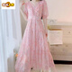 First-Pad French Tea Break V-Ausschnitt Schönes Blumenchiffon-Kleid für Frauen Sommer 2025 Neue Temperament Taille-Hugging Fairy Long Rock Green 736# [Versionskleid] XL [Empfohlen 120-135jin [Jin gleich 0,5 kg]]]