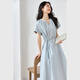 Vanciman light blue French V-neck dress for women 2025 summer new waistband lace slim casual long skirt M9733 light blue L