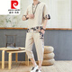 Pierre Cardin Chinesischer Stil Männer Tang Anzug Sommer Hanfu kurzärmeligte T-Shirt Retro-Stil Lose lässige große Kleidung Schwarz 687 Set Top + Hosen 2 Teile m