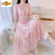 First-Pad French Tea Break V-Ausschnitt Schönes Blumenchiffon-Kleid für Frauen Sommer 2025 Neue Temperament Taille-Hugging Fairy Long Rock Green 736# [Versionskleid] XL [Empfohlen 120-135jin [Jin gleich 0,5 kg]]]
