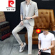 Pierre cardin summer thin 7-quarter sleeve suit men's suit plaid casual Korean style slim trendy handsome mid-sleeved small suit gray 9902 mid-sleeved + nine-quarter trousers = 1 set 3XL 185