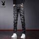 Playboy (PLAYBOY) jeans men's elastic slim fit small-foot trousers 2025 spring and autumn new youth casual ripped pants men's trousers 6636 black 31 121-130Jin Jin equals 0.5 kg