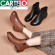 CARTELO Leather Martin Boots Women's Spring and Autumn Retro Short Boots Round toe Thick Heel Mom's Shoes Plus Fleece Thickened Small Nude Boots Brown Single Little 35