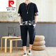 Pierre Cardin Chinesischer Stil Männer Tang Anzug Sommer Hanfu kurzärmeligte T-Shirt Retro-Stil Lose lässige große Kleidung Schwarz 687 Set Top + Hosen 2 Teile m